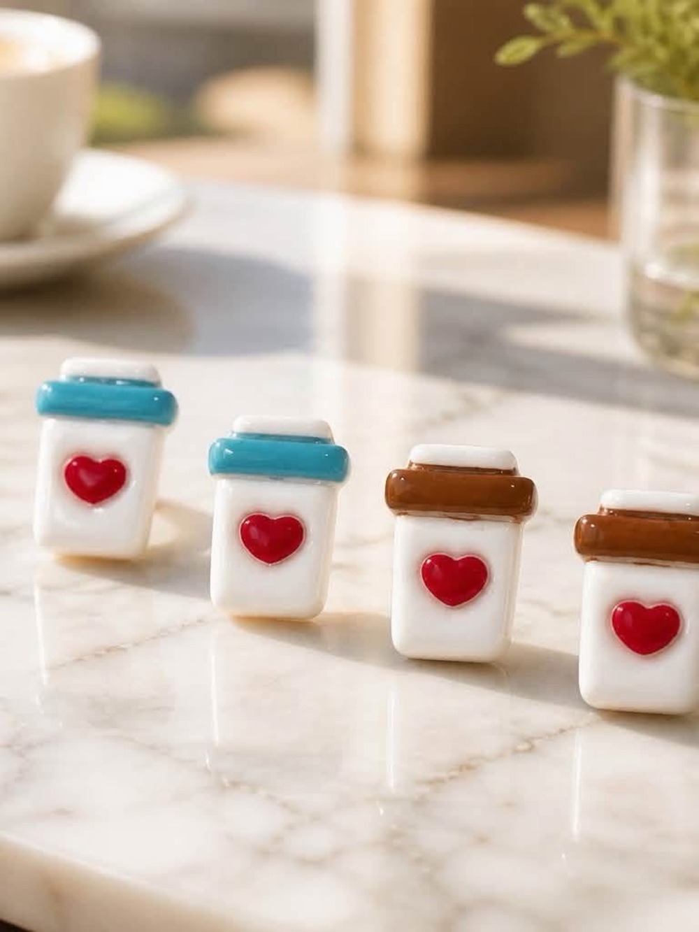 Red Heart Coffee Cup Stud Earrings in White with Blue and Brown Accents